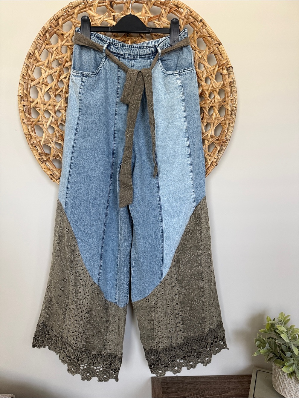 Young Threads -Media Wide Leg Jeans with Crochet Trim - Olive & Light Blue
